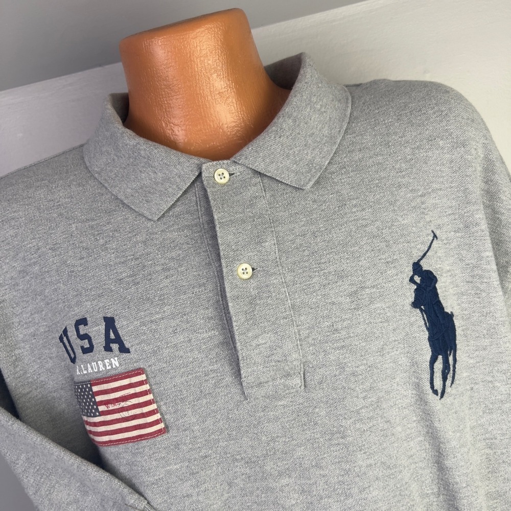 Polo Ralph Lauren Polo Shirt Mens 3XB Gray Excellent USA Flag Big Pony Cotton